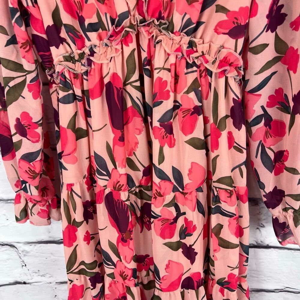 Pink Floral Maxi Dress Small Boho Long Sleeve Tiered Romantic Cottagecore - Picture 3 of 9